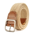 Khaki stretch woven belt with silver buckle and brown leather accents for men and women - Beige