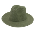 Detailed macro view of military green Panama straw hat with fine texture and Fedora crown - One Size / Army Green