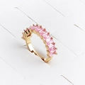Detailed side view of golden ring with parallel rectangular pink zircon stones - Adjustable Open / Pink