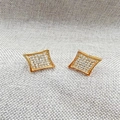 Elegant gold diamond-shaped stud earrings featuring a pave-set clear zircon center - D38 Gold Polished Rhombus