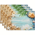Set of 4 ocean theme beach placemats with blue wood grain and starfish pattern - Summer Coast