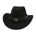 Retro western cowboy hat in black felt with bull head buckle and floral embroidery - Black (Bronze Bull)