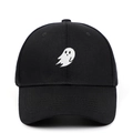 Black cotton baseball cap with white ghost embroidery and curved brim in front view - Adjustable / Black