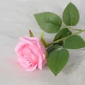 Velvet artificial pink rose with green leaves on white plush background - Pink