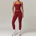 Ensemble de yoga brossé avec haut licou et legging taille haute en rouge bordeaux - S / Haut Et Bas / Débardeur + Pantalon Rouge Cerise