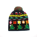 Bonnet de Noël noir à LED avec motifs festifs, pompon coloré et bouton de commande - Adulte (Élastique) / Cadeau (Sans Revers)