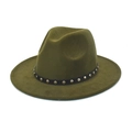 Detail of army green felt fedora hat featuring black leather band with gold rivets - Army Green