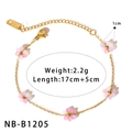 Detail of gold stainless steel flower bracelet with pink floral charms and measurements - Pink and White Gradient Five-Petal Flower Style (NB-B1205)