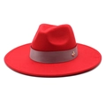 Detail of red wide brim wool fedora with brown satin band and gold bee pin ornament - M (56-58cm) / Red