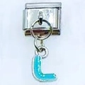 Italian modular charm featuring a silver steel base and a green enamel letter L pendant - Letter L