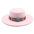 Detail of pink wide brim flat top hat with ethnic woven band and turquoise stone - M (56-58cm) / Pink