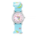 Close-up of kids quartz watch with 3D unicorn strap and colorful unicorn pattern dial - Sky Blue