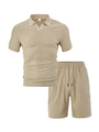Detailed texture of khaki jacquard knit fabric on a men's summer casual two-piece set - Khaki