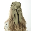 Olive green satin square scarf worn as a lightweight decorative headscarf for women - 70cm x 70cm / Olive Green