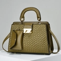 Olive green woven texture handbag with golden hardware and matching mini pouch - Green