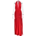 Detail showing the deep V-neck, ruched waist, and high slit of the red shimmering dress - S / Red