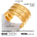 Detailed view of wave-textured 18K gold-plated stainless steel wide cuff bangle with dimensions - Gold Extra Wide Wave Style (JDB0108014)