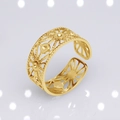 Adjustable golden stainless steel open ring with intricate hollow floral patterns - b5 Hollow Flower / Gold