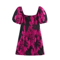 Elegante jacquard bloemenjurk met vierkante hals en pofmouwen in zwart en roze - XS / Rozerood / Zwart