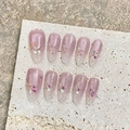 Pink cat eye handmade press-on nails with floral art and gold beads, almond shape - Extra Small (XS) / Mid Almond Shape
