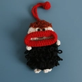 Handmade crochet black monster key pouch with red lips and eyes on blue background - Black Curly Hair Style