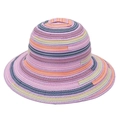 Dettaglio del cappello da sole a righe colorate con tesa larga e trama in paglia intrecciata - M (56-58cm) / Viola