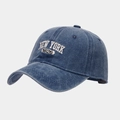 Detailed embroidery of NEW YORK and 1625 on washed navy denim baseball cap - Adjustable / Navy Blue