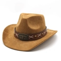Detail of brown suede cowboy hat with bull head metal buckle and studded leather band - M (56-59cm) / Khaki Faux Suede