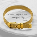 Detail view of a 21cm gold-plated mesh bracelet with buckle design and size specifications - Gold Bracelet
