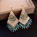 Golden drop tassel earrings with white pearls and blue-green faceted crystal beads - Gold-Blue Tassel