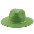 Detail of green straw fedora featuring a golden-buckled leather band and spiral weave texture - M (56-58cm) / Fruit Green