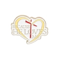 Golden heart brooch with white enamel, red cross and BECAUSE HE LOVES ME text - White Heart Cross