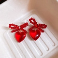 Handcrafted red beaded bow earrings with heart pendant and golden metal rings - 42# Silver Earring Post - Gold - Red