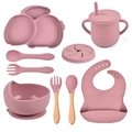 Dusty rose silicone baby feeding set with divided plate, suction bowl, and bib - Full Tableware Set (Dusty Pink/Y19)
