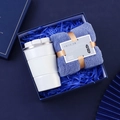 Business gift set with white travel mug and blue towel in premium navy square gift box - [Sapphire Blue] Insulated Cup + Towel