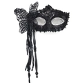 Elegant black handheld masquerade mask with silver rhinestones and butterfly tassels - Butterfly Tassel Handheld Style / Black