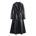 Women's black long PU leather trench coat with crocodile texture and double-breasted buttons - M / Black