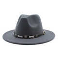 Detail of dark gray wool fedora with leather band and metallic star and bone accents - Dark Gray