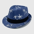 Navy blue straw fedora hat with white coconut tree prints and black ribbon band - M / Dark Blue
