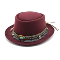Burgundy wool pork pie hat with ethnic woven band, turquoise stone and tassel accents - M (56-58cm) / Burgundy