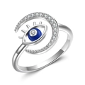 S925 Sterling Silber Mond und Böser Blick Ring mit blauer Emaille und Zirkonia - Einstellbar Offen / Stern Mond Böser Blick Stil (pjz0014)