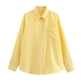 Detailed view of yellow and white striped long sleeve shirt with front pocket and buttons - XS / Yellow 2