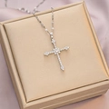 Silver titanium steel necklace with sparkling crystal cross pendant for women - 6063 Pave Cross / Silver