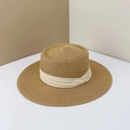 Chapeau de paille français à toit plat kaki clair avec ruban crème élégant - Café Clair avec Ruban Beige