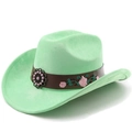 Detail of mint green suede cowboy hat with floral embroidery and vintage metal buckle - M (56-58cm) / Fruit Green