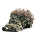 Side view of camo visor hat with blonde synthetic hair and adjustable closure - Digital Green and Coffee