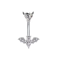 Silver stainless steel bat belly button ring with heart-shaped clear gemstone accents - Devil Bat Style / Silver / Clear Heart