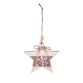 Wooden star Christmas ornament with burlap ribbon, felt snowflake and silver bells - Five Stars