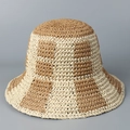 Detail of hand-woven straw bucket hat featuring khaki and cream checkered weave pattern - M (56-58cm) / Khaki