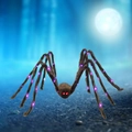 Riesige Halloween Plüschspinne mit roten Augen und violetten LED-Lichtern im dunklen Wald - 125cm Braun-Lila LED (Leuchtend)